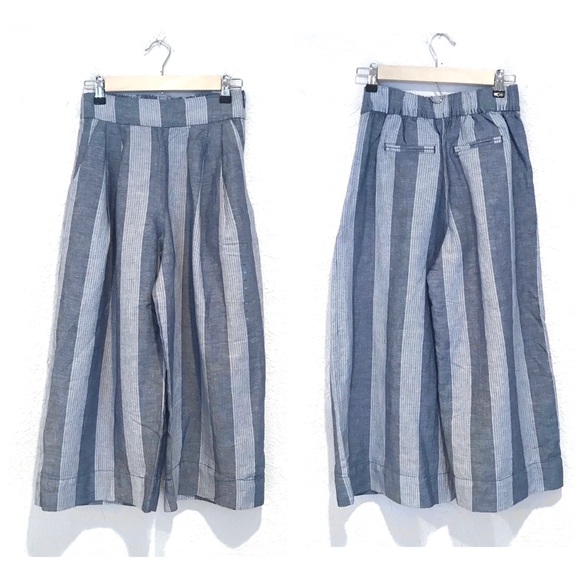 GAP High Rise Wide Leg Crop Pant Linen Blue Stripe - Picture 2 of 8